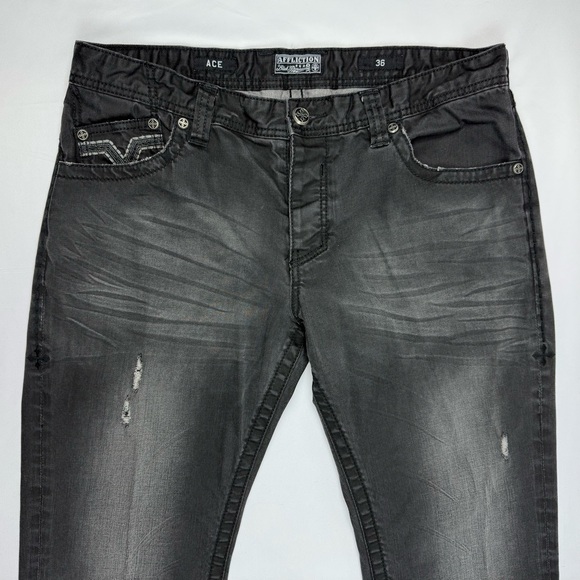 Affliction Mens Ace Jeans 36 x 30 Black/Grey Faded Embroidered Flap Pockets B5 - Picture 5 of 11